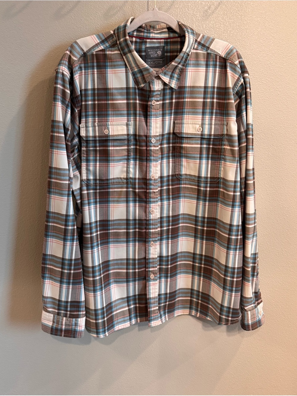 Mountain Hardwear Men’s Plaid Button-Down Shirt in Brown, White & Blue